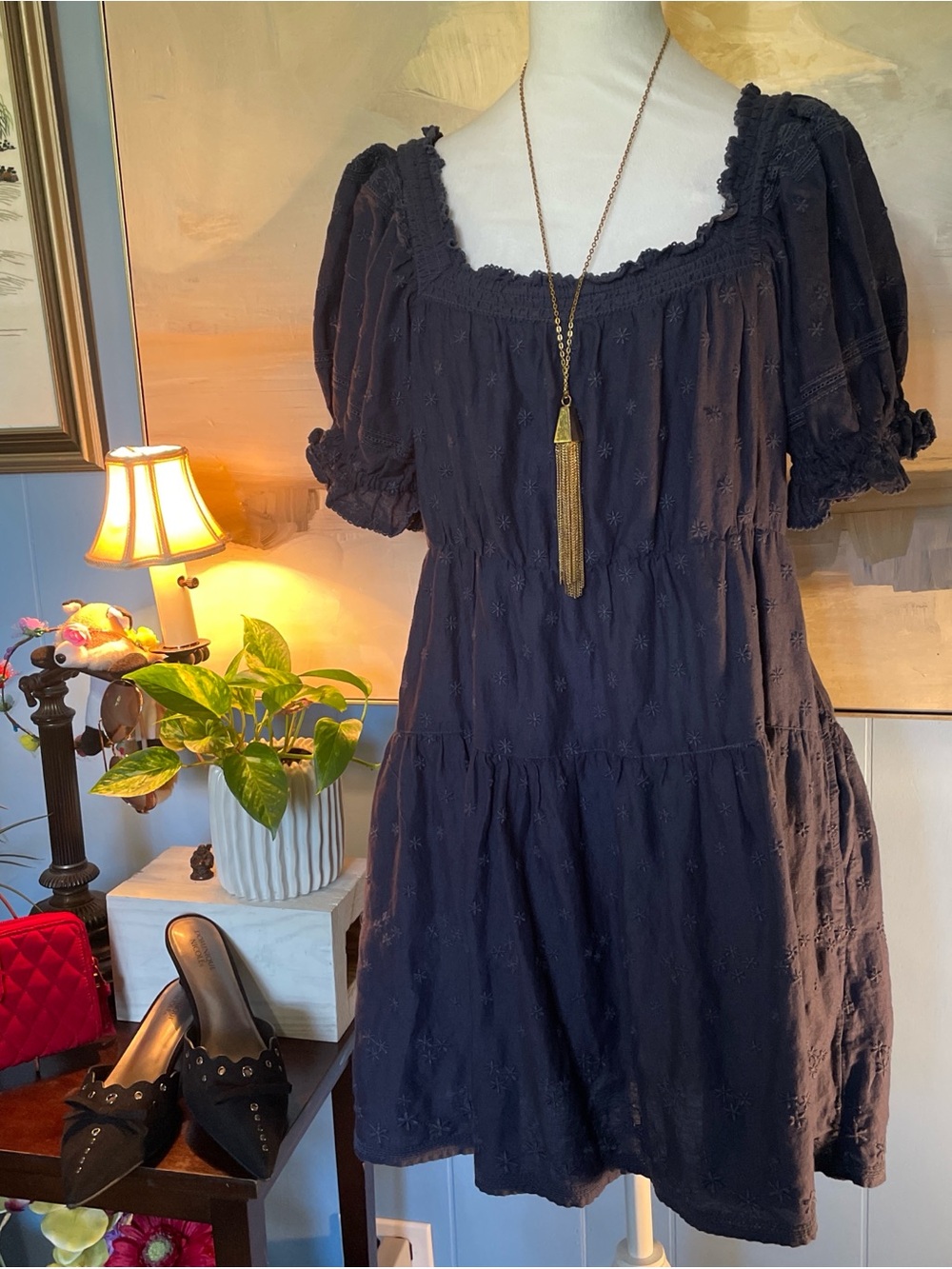 Old Navy Dark Navy Square-Neck Puff Sleeve Tiered Mini Dress